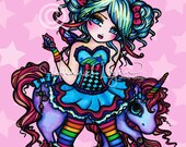 Rainbow Unicorn Fairy Girl Hot Pink Pop Art Print by Hannah Lynn 8x10