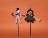 Vintage Style Halloween German Spun Cotton Watte and Chenille Novelty Package Decorations WITCH and SKELETON Set of 2