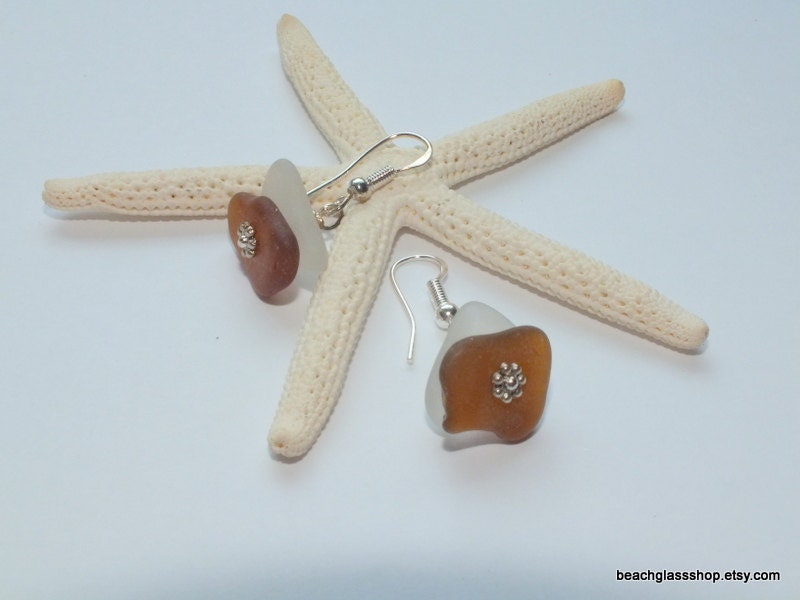 Sea Glass Beach Glass Multi Frosted White Beer Bottle Brown Earrings