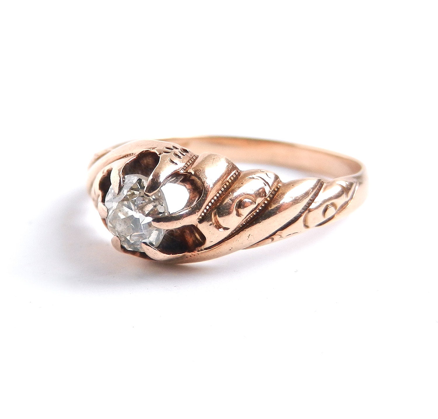 Antique 14K Rose Gold Diamond Ring -  Victorian Size 7.5 Engagement Fine Jewelry / Raised Solitaire