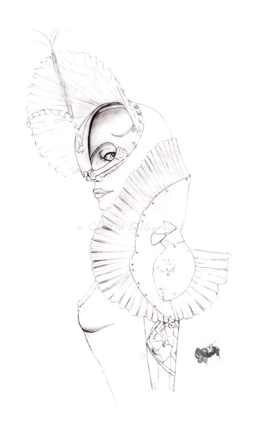 Savage Beauty -- Fashion Illustration -- black and white, armor, helmet, metal, steampunk