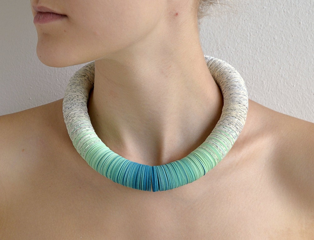 Emerald and turquoise: Ombre Necklace of book pages and papers