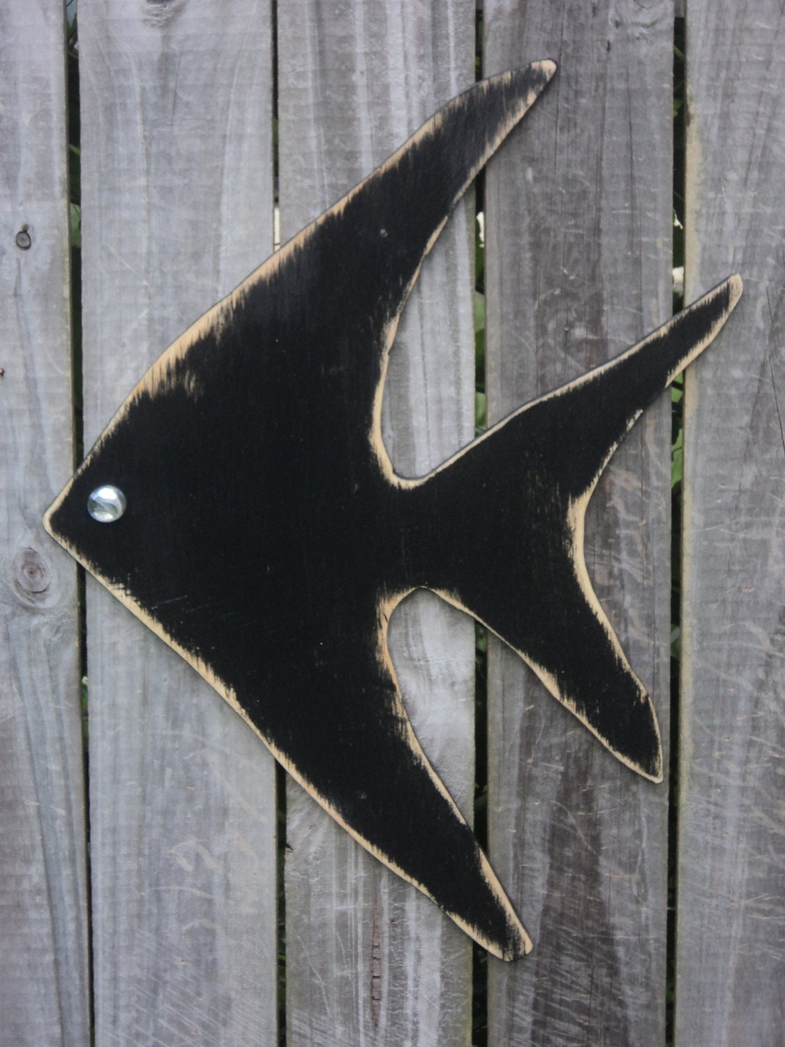 Black Angel Fish Silhouette , Beach-y Wooden Cottage Decor, Nautical Rustic Wall Hanging