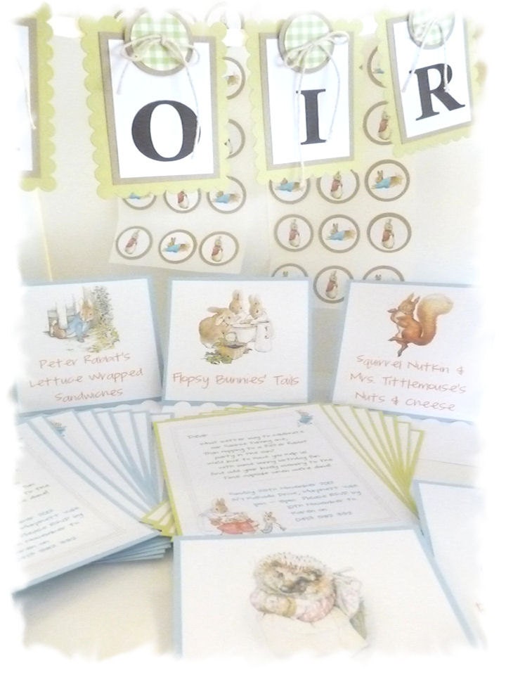 PETER RABBIT Beatrix Potter Party Package - Invitations, Banner, Bunting, Sticker Seals, Cupcake Toppers, Favor Gift Tags, Food Table Signs