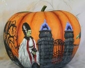 Halloween Wedding, Frankensteins monster, haunted hand painted gourd, 6 inches tall, 7 inches diameter