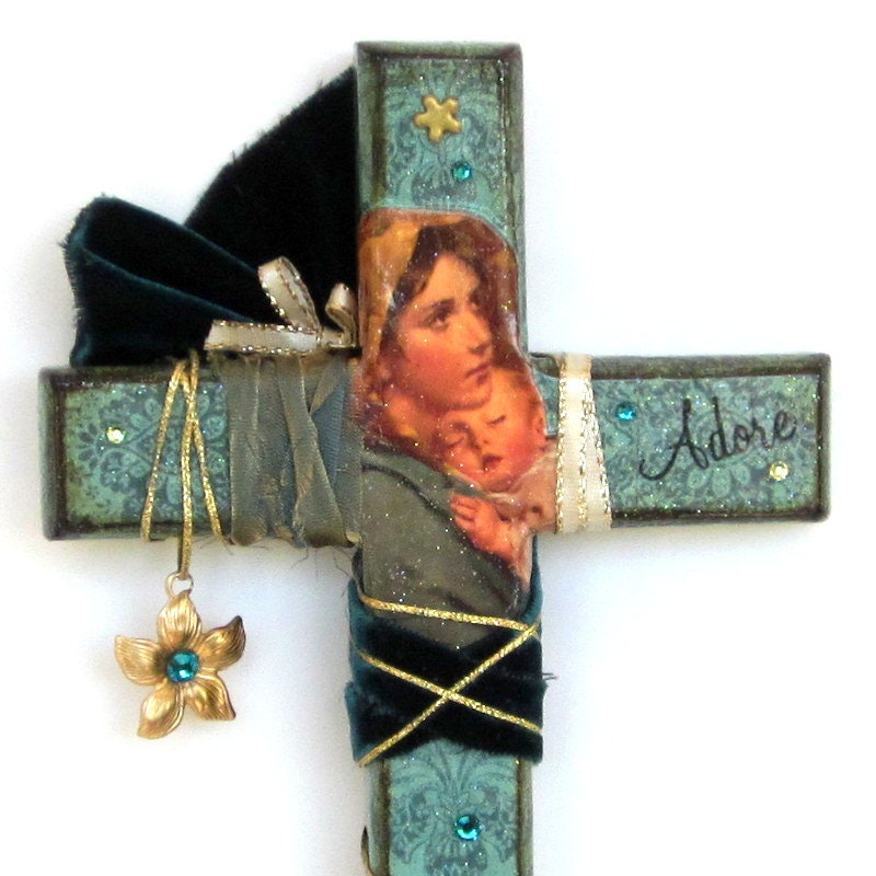 Wall Cross Decorated Cross Decoupaged Cross Catholic Crucifix Christian Art Virgin Mary Madonna and Child Catholic Mothers Day Gift