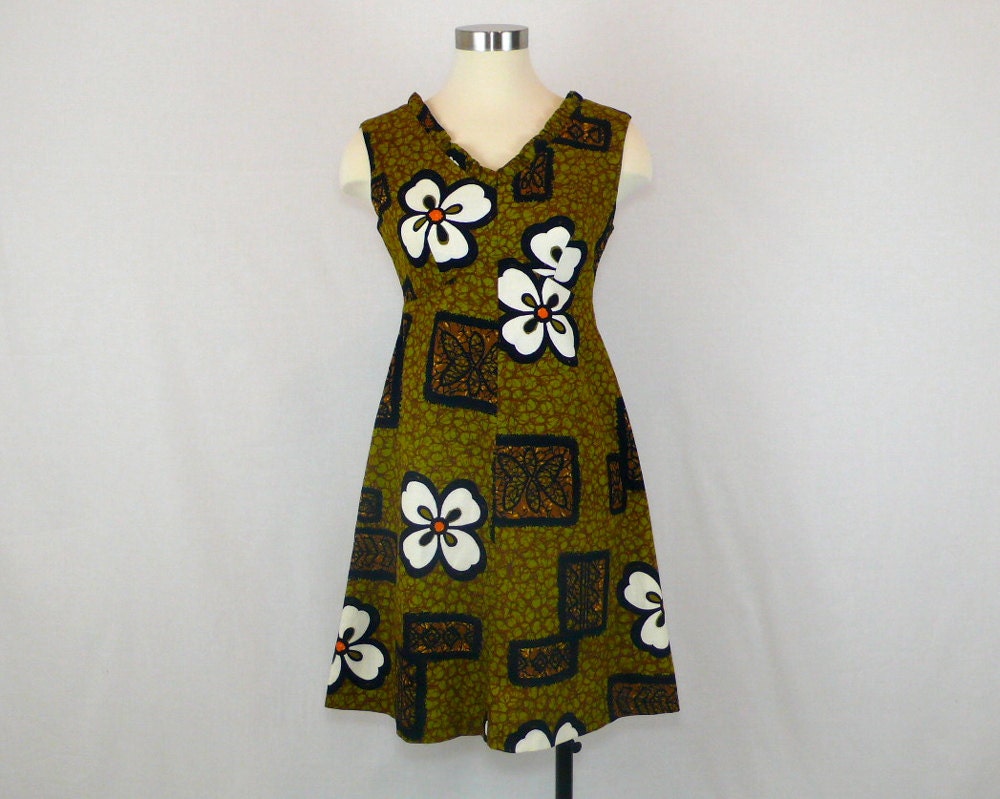 70s Hawaiian Bark Cloth Mini Dress - small