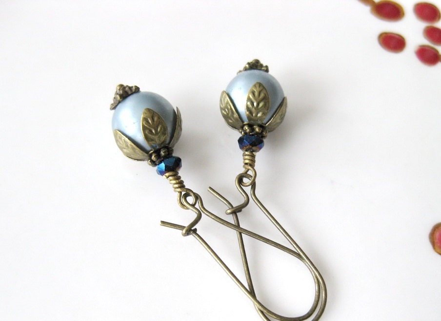 Vintage Pearl Light Blue Beaded brass earrings