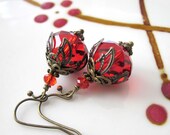 Vintage Style Brass Ruby Red Crystal Earrings with Leaf Brass caps