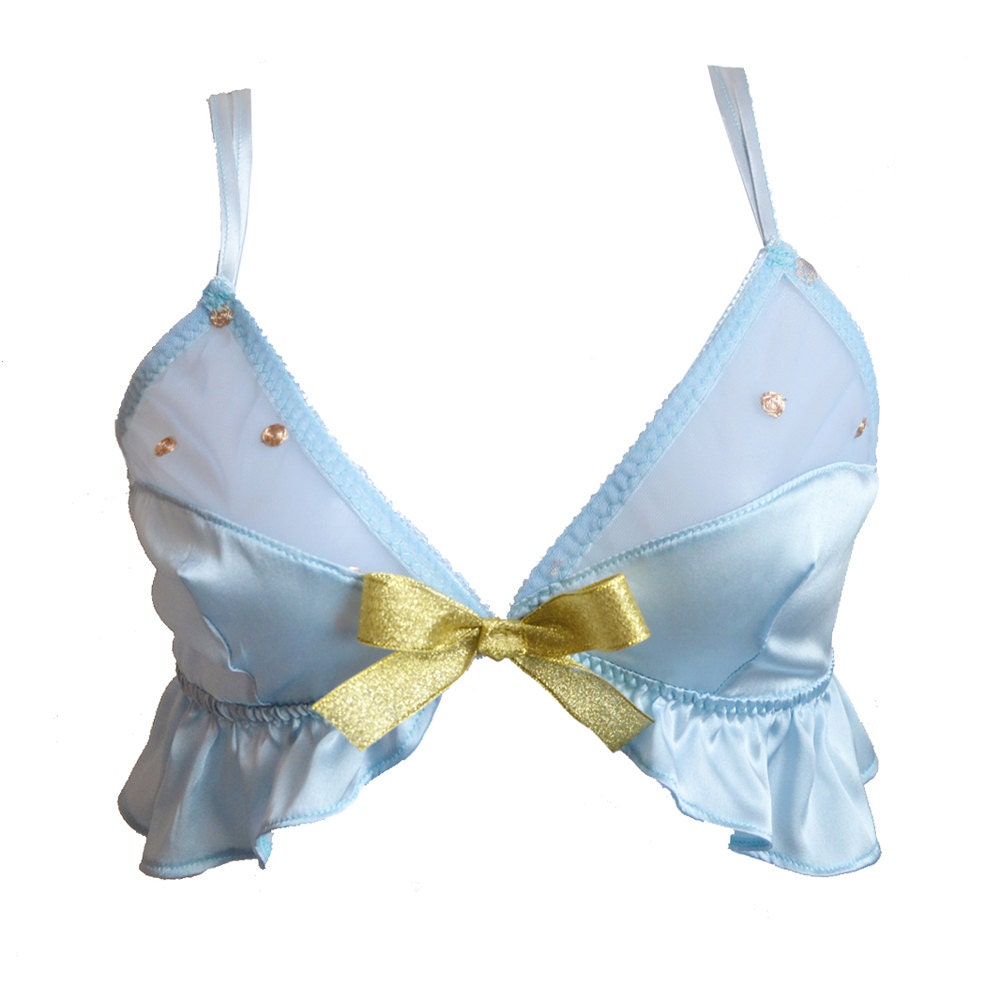 HANNAH Powder Blue and Gold Polka dots Ruffled Bralette - Bridal silk Lingerie