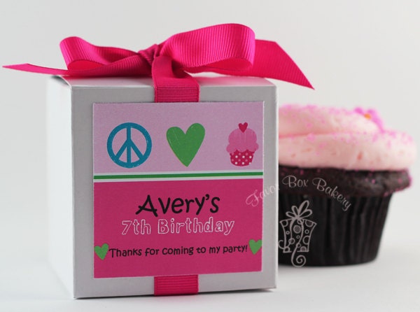 PEACE, LOVE & CUPCAKES (in pink) - One Dozen Personalized Cupcake Mix Birthday Party Favors