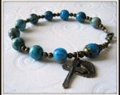 Catholic Bronze Rosary Bracelet in Blue Crazy Lace Agate Gemstone w/ Miraculous Medal