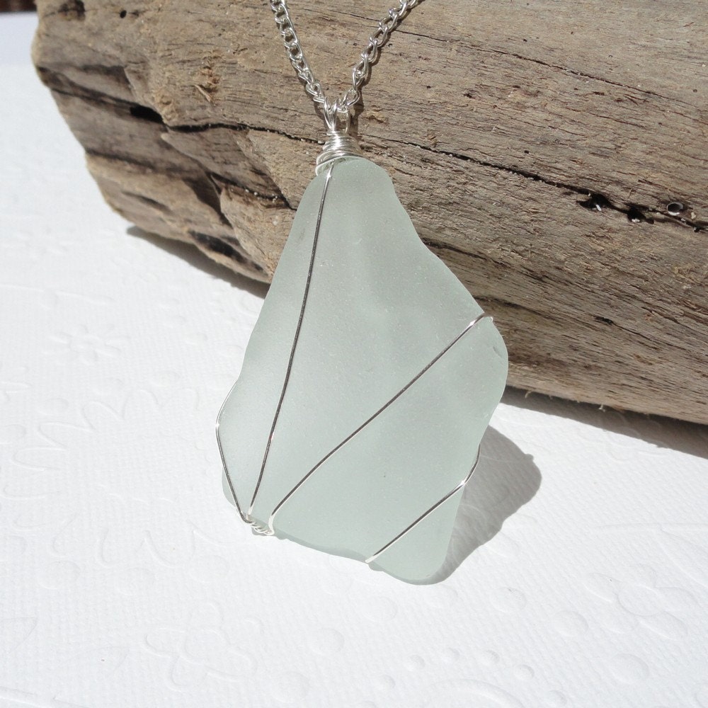Seafoam Green Sea Glass Wire Wrapped Necklace, Seafoam Green Wire Wrapped Sea Glass Pendant