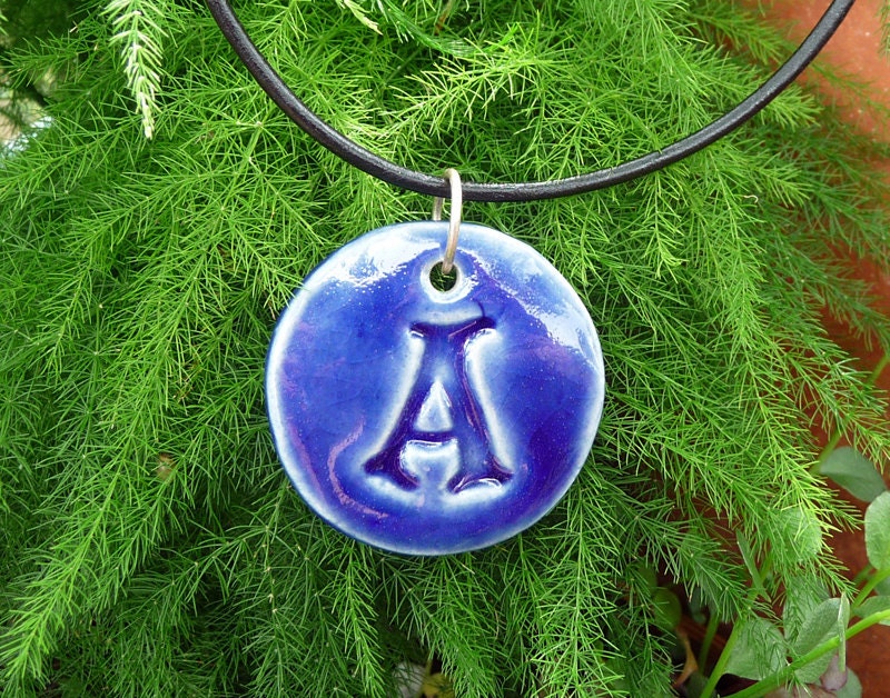 Letter Pendant & Cord Necklace - Kiln-Fired Stoneware Clay - "A" - Royal Blue