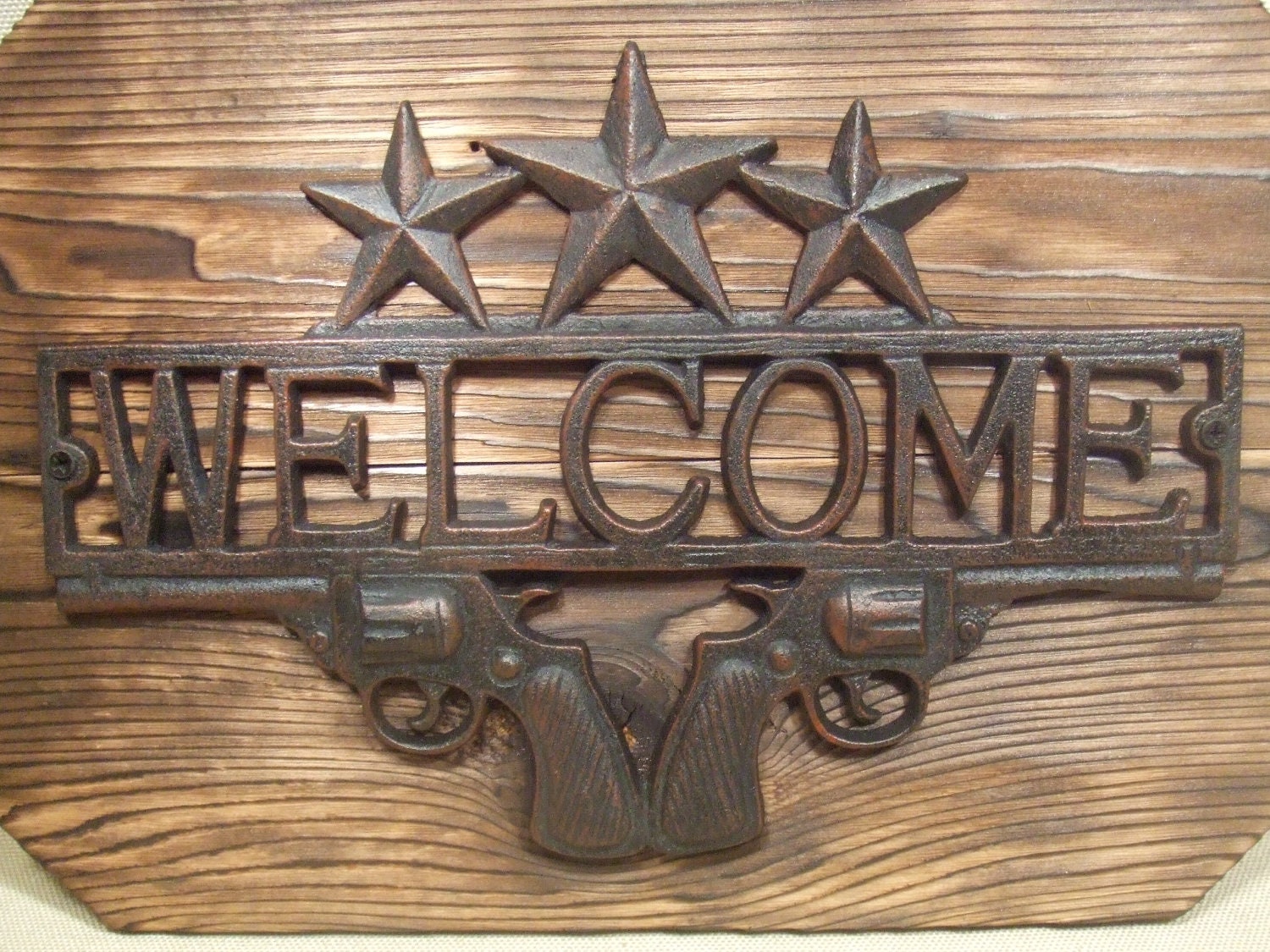 Rustic Cast Iron  Welcome Sign with guns pistol   -- lodge cabin decor -- reclaimed western cedar