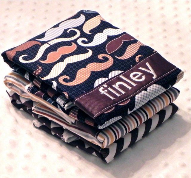 Personalized Burp Cloths - Baby Boy Black Brown and Gray Mustaches Chevron and Stripes
