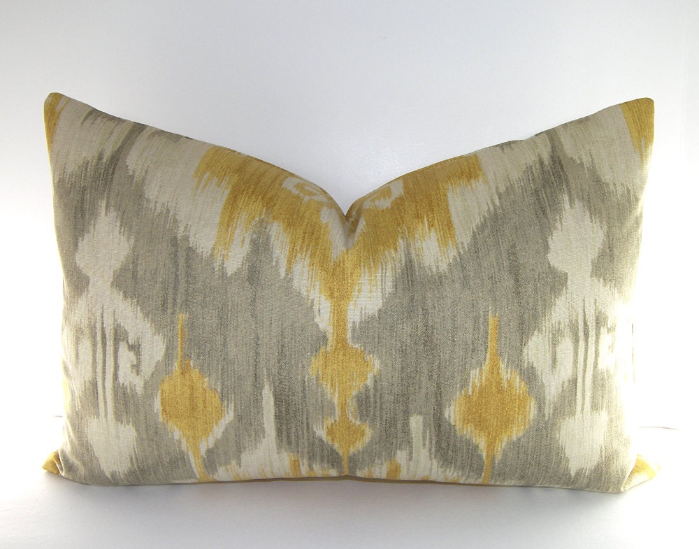 Both Sides - Decorative Lumbar Pillow Cover - Ikat - Grey - Gold - Yellow - Ivory - 12x18 - 12x20 or 12x22 inches