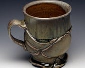 Coffee / Tea Cup, green celadon, shino glaze, woodfired, with handle