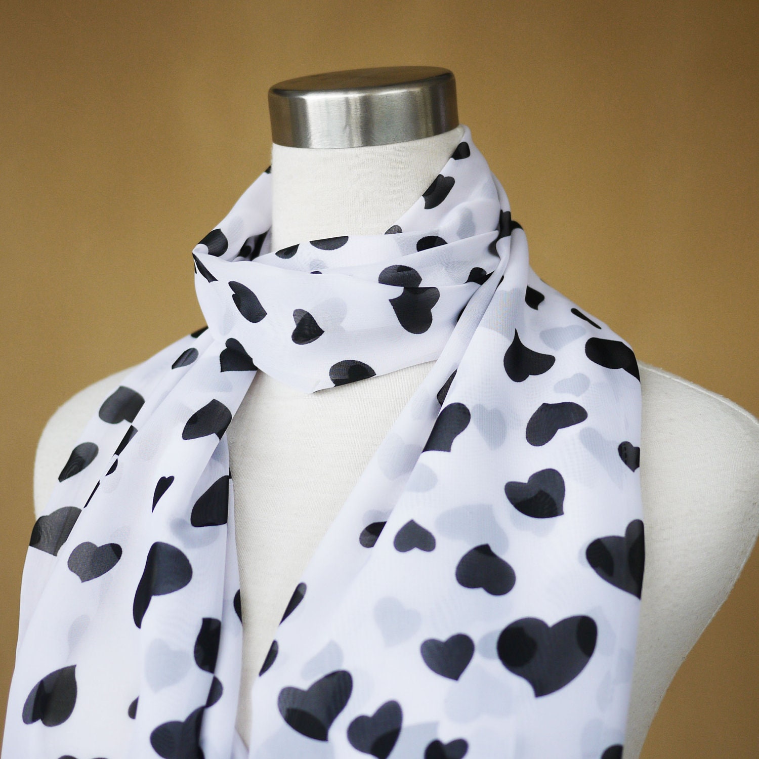 Heart print scarf chiffon scarf back heart on white scarf