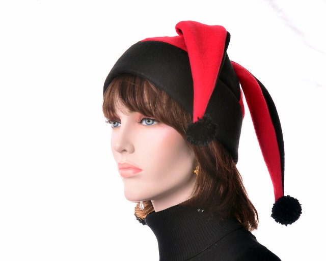 Harlequin Jester Hat Red Black Fool Hat - Fleece Mens Hat Womens Hat Pompoms
