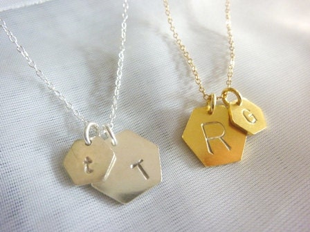 gold initial hexagon disc necklace-double initial necklace-initial necklace-multi initial discs necklace-geometric charm necklace
