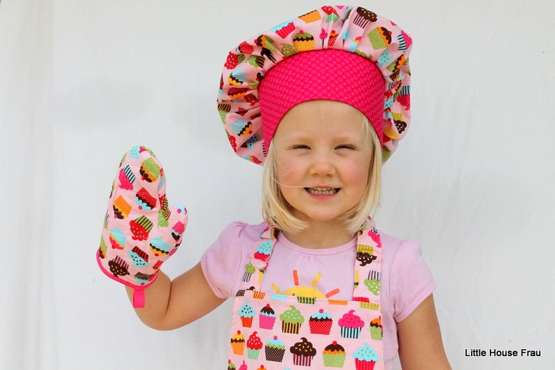 Pink Cupcakes Montessori Apron Chef Hat Oven Mitt Set