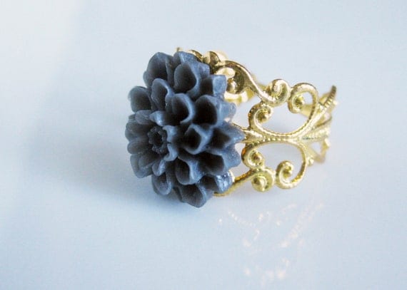 Floral Filigree Ring. Charcoal Grey Dahlia on Gilded Gold plate adjustable Ring. Bridal Party & Wedding Day Jewelry. Slate Gray Moody Dark