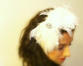 50% off - Ivory Wedding Headband, Bridal Headpiece, Lace and Feather Wedding Headpiece