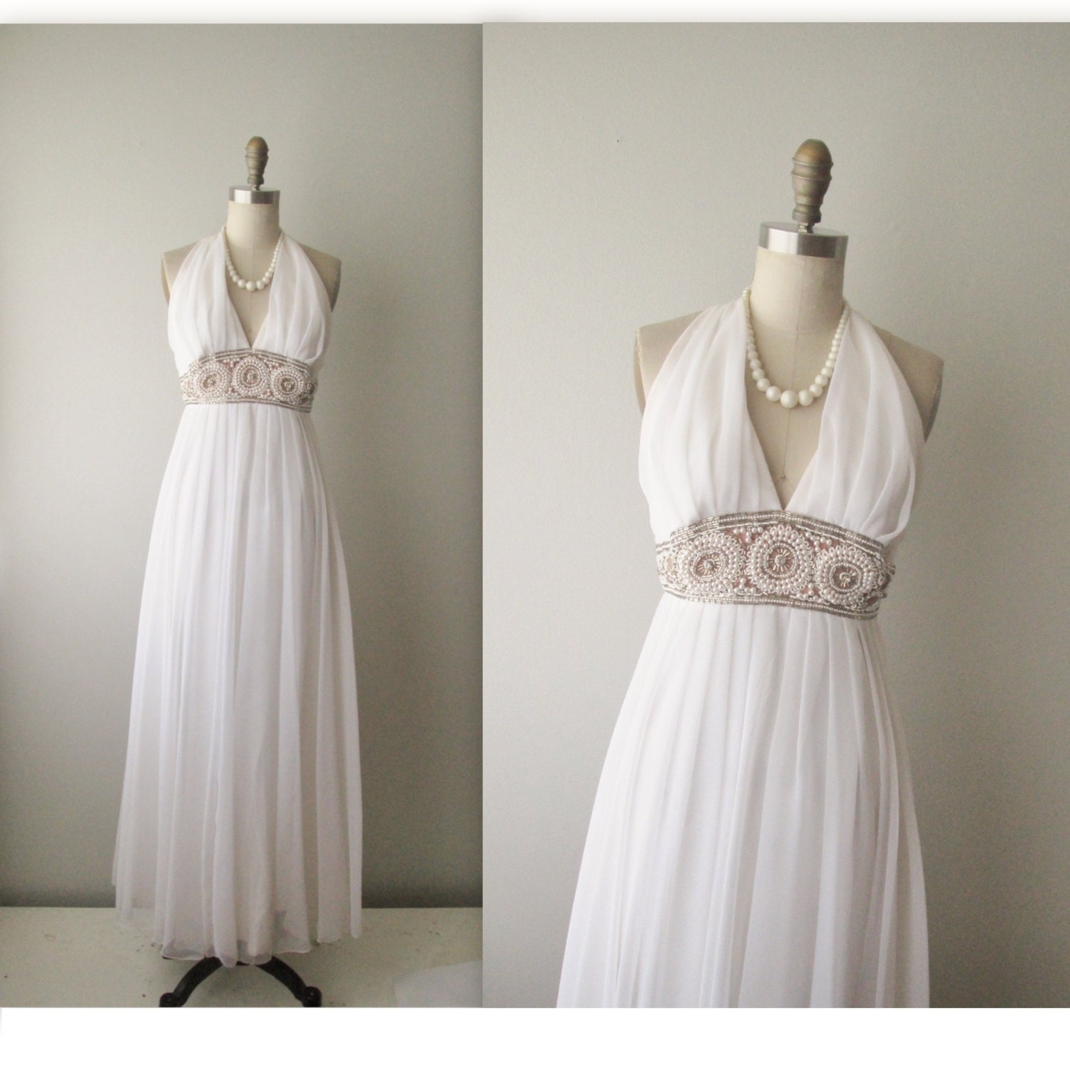 60's Chiffon Gown // Vintage 1960's White Rhinestone Chiffon Halter Empire Maxi Goddess Dress S