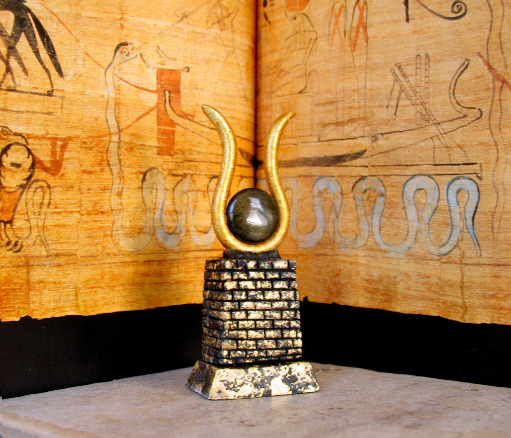 Egyptian Goddess Isis Horns and Obsidian Solar Disk Headdress - Handmade Personal Altar Votive Icon