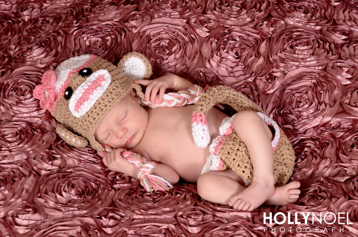 Pink Sock Monkey Hat and Diaper Cover Photography Prop Sock Monkey Costume Newborn photo prop