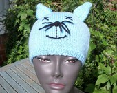 Baby blue Kitty Cat beanie hat with embroidered features. Hand Knitted