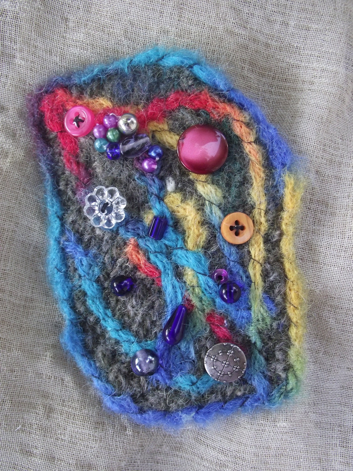LAPEL PIN BROOCH Felted Fiber Art Multi Color Abstract Collage Wearable art fashion accessory for purse hat collar Blue Yellow Green Red