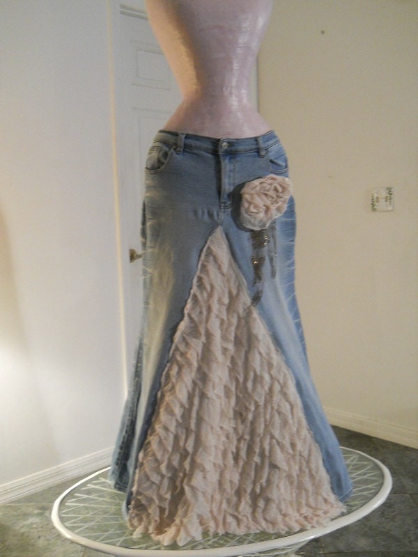 Belle Époque jean skirt creamy ruffled silk ultra femme beige lacy bohemian beach goddess mermaid Renaissance Denim Couture Made to Order