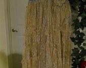 Belle Bohémienne ballroom jean skirt exquisite vintage lace ruffled fairy rose pin rhinestones Renaissance Denim Couture  Made to Order
