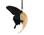 Dark Butterfly Blade Wing - Deadly Gorgeous Neo Victorian Fairy Jewelry - 24K Gold Plated - With Real Butterfly Wings