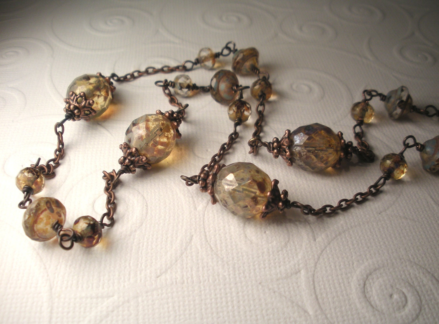 Long Earth Tone Picasso Czech Glass with Antique Copper Necklace