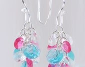 Bright Turquoise Blue, Pink and Clear Cluster Earrings, Swarovski Crystal Dangle Earrings, Glass Drops, Fun and Sparkly
