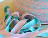 Patterned 5/8 Inch Foldover Elastic-5 Yards-Aqua Elastic with Pink Damask Print