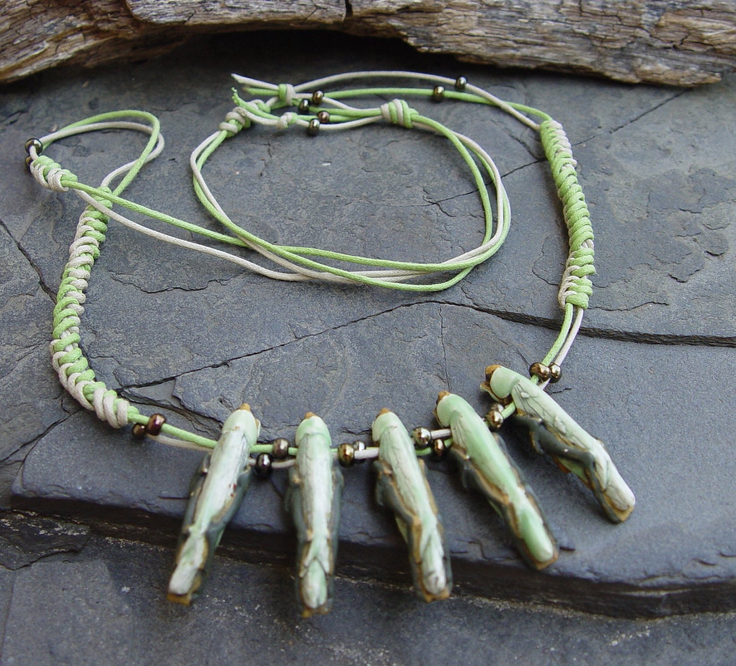 Grasshoppers Around My Neck - Peru Hand Painted Beads Snake Knot Cotton Cord Long Necklace