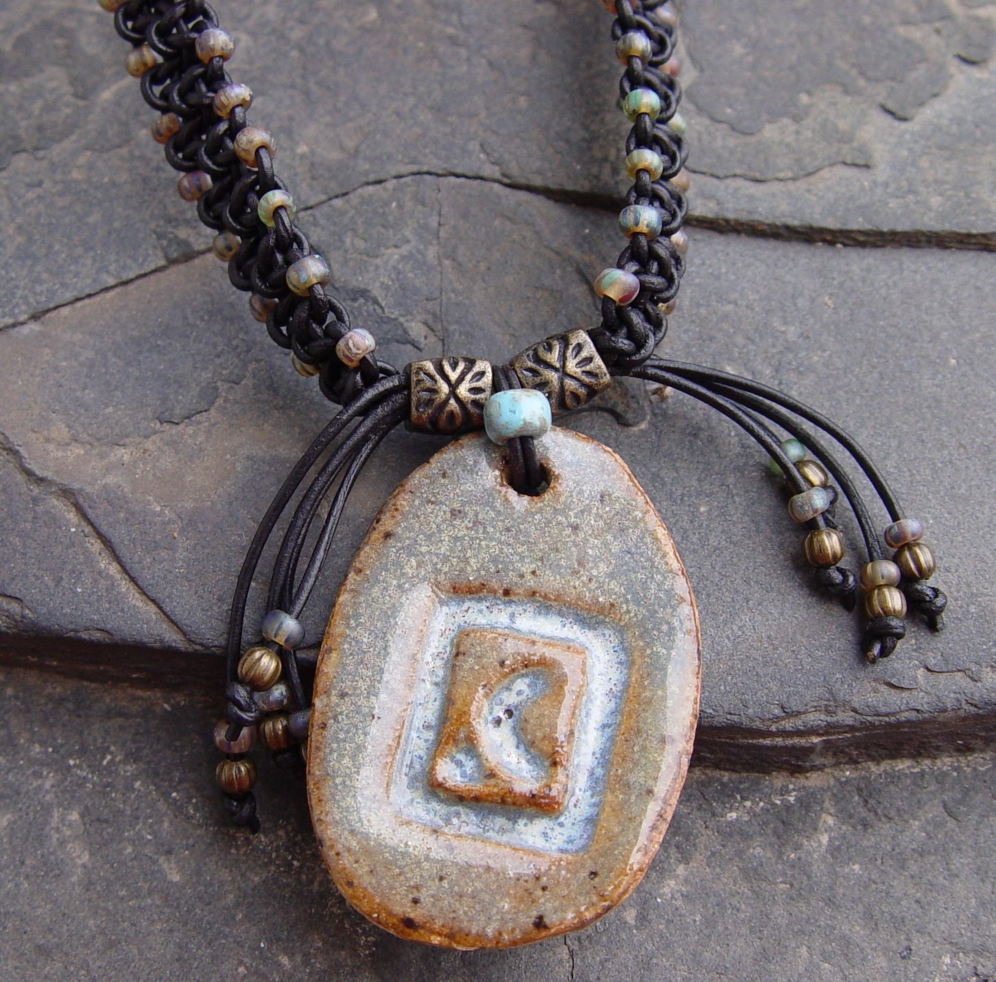 Ceramic Pendant Greek Leather Macrame Glass Brass Beads Boho Bohemian