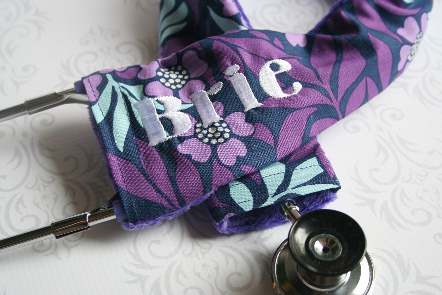 Embroidered Stethoscope Cover - Nurse,  Medical Assistant - Purple and Blue Leaves with Purple MInky and White Monogram- MADE TO ORDER