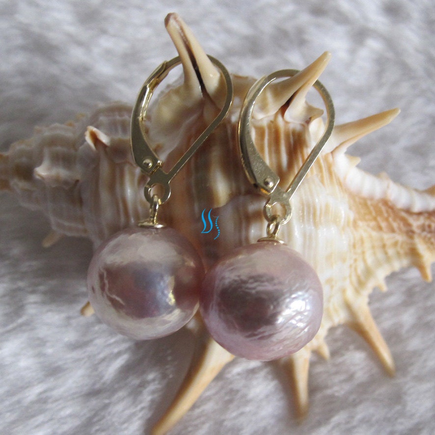 Pearl Earrings - 11.0-12.0mm Light Purple Chinese Kasumi Freshwater Pearl Dangle Earrings D3S - Free shipping