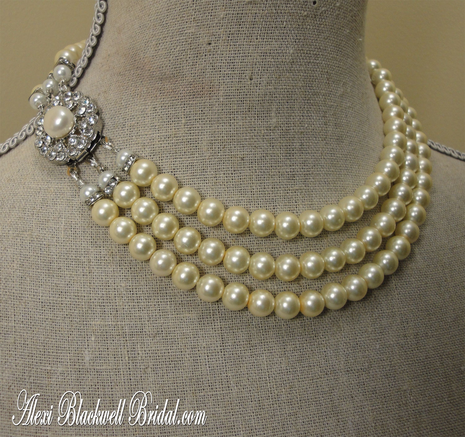 Bridal Pearl Necklace Set vintage style like Jackie O -- Multi Strand of glass pearls in white perfect glamorous wedding jewelry