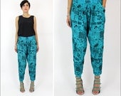 turquoise harem pants M / doodle graphic print drop crotch pants