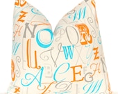 Decorative Throw Pillow Cover One Orange and Turquoise on Natural 18 x 18 Tangerine Orange Letters Alphabet
