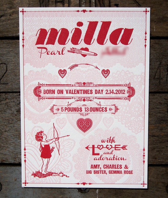 Valentine Theme Letterpress Birth Announcement Thank You Card with photo
