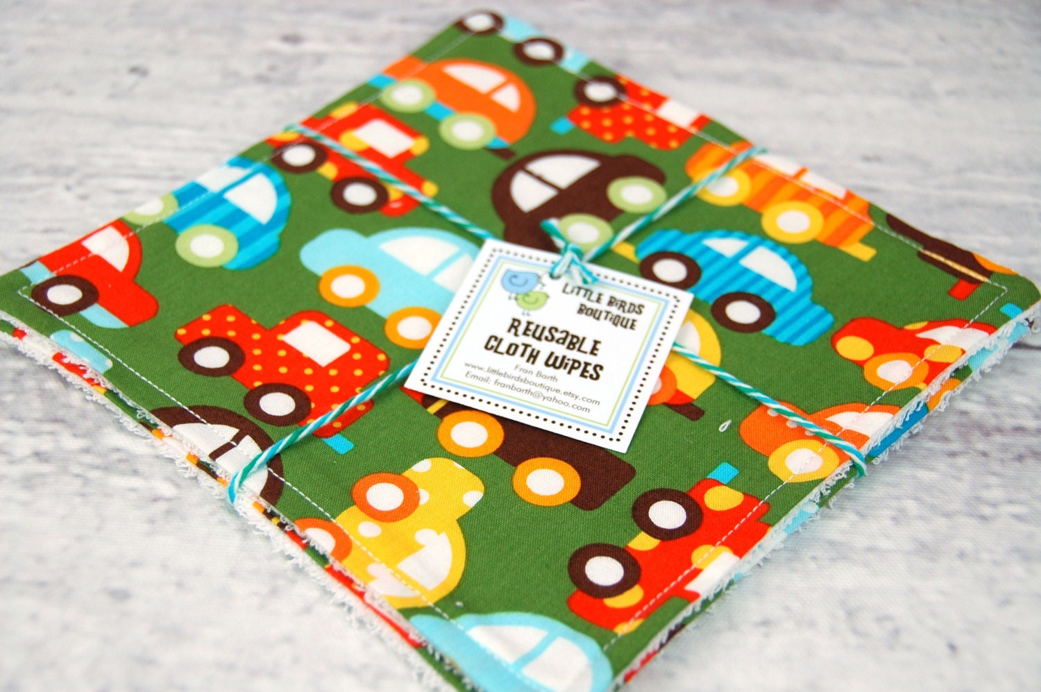 Eco Friendly Washcloth or Cloth Wipes with Soft Terrycloth -Set of 2 in Remix Ready Set Go Cars By Ann Kelle