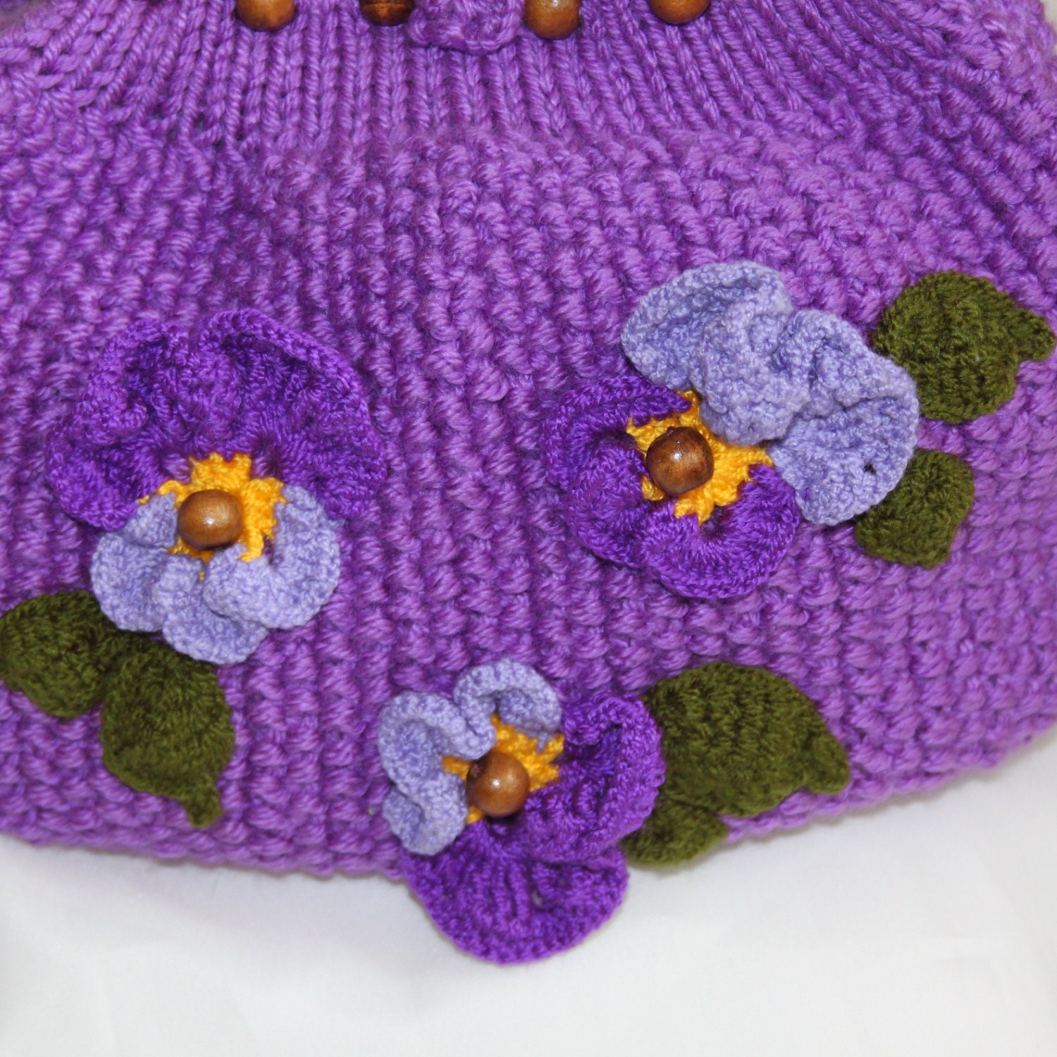 SALE Christams gift Hand knitted purple bag pansy flowers, crochet flowers, handbag, tote, shoulder bag, handmade clutch, beaded purse