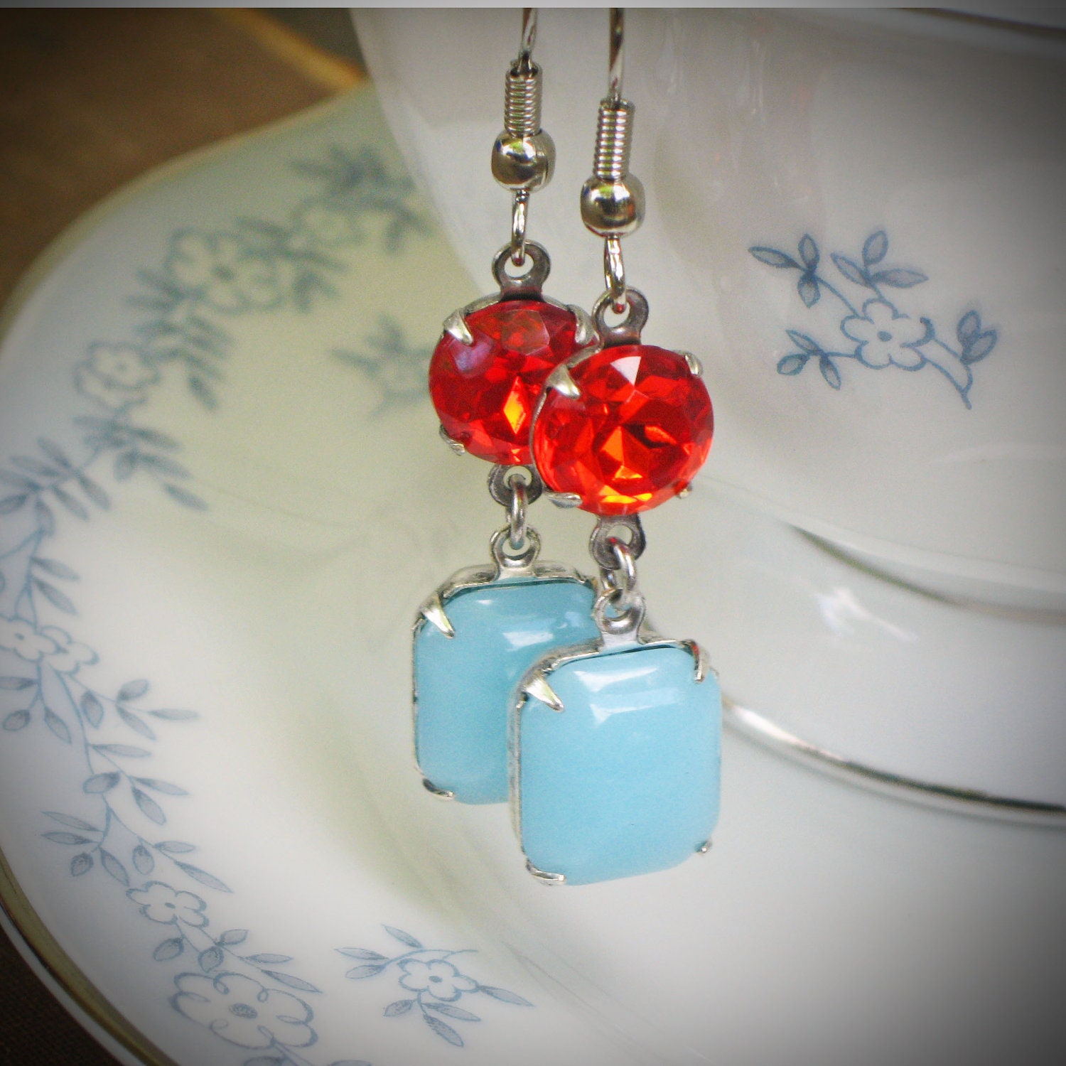Vintage Rhinestone Earrings, Tangerine, Aqua, Jewelry